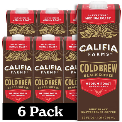Califia Farms - Pure Black Medium Roast Cold Brew Coffee, 32 Oz (Pack of 6), 100% Arabica, Shelf Stable, Plant Based, Vegan, Gluten Free, Non GMO, Sugar Free, Iced Coffee1