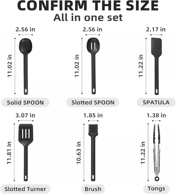 Kitchen Utensils Set 6 Pcs,Silicone Cooking Utensils Set,Spatula Set,446℉ Heat Resistant Cooking Utensils,Tongs,Spoon,Bpa Free Kitchen Gadgets Appliances for Non-Stick Cookware,Home Essential(Black)6