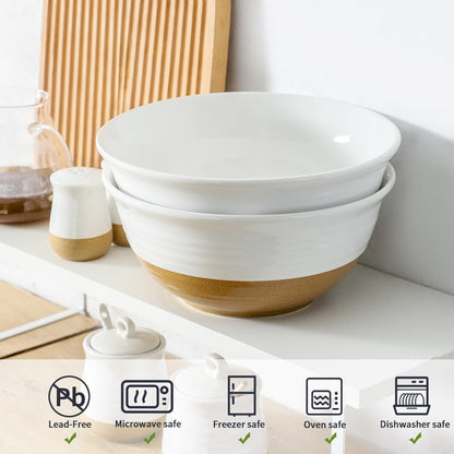 Large Ceramic Serving Bowls Set of 2, 84 Oz 9 Inch White & Terracotta Stoneware Mixing Bowls, Farmhouse Bowls for Salad, Baking, Popcorn & Side Dishes, Dishwasher & Microwave Safe4