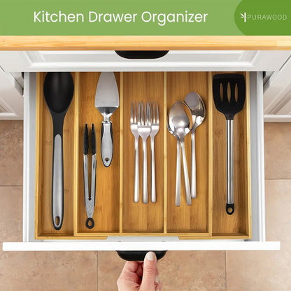 Kitchen Drawer Organizer - Expandable Utensil Drawer Organizer for Kitchen, Cutlery Tray & Silverware Organizer, 3-5 Slots - Bamboo Organizer for Utensils & Flatware (Natural)6