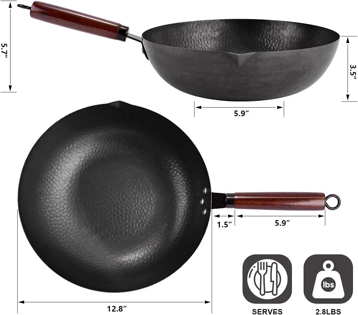 12.8-inch hammered carbon steel wok with wooden handle and measurement details