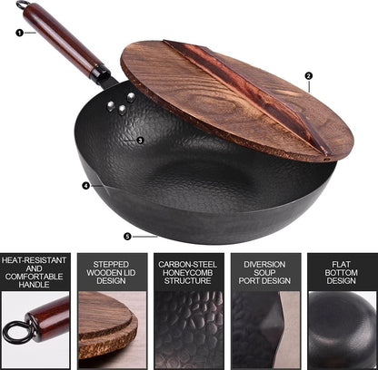 11-piece carbon steel wok set with flat bottom, honeycomb texture, wooden lid, and heat-resistant handle