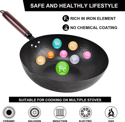 11-piece 12.8-inch black carbon steel wok with wooden handle, no chemical coating, healthy cooking