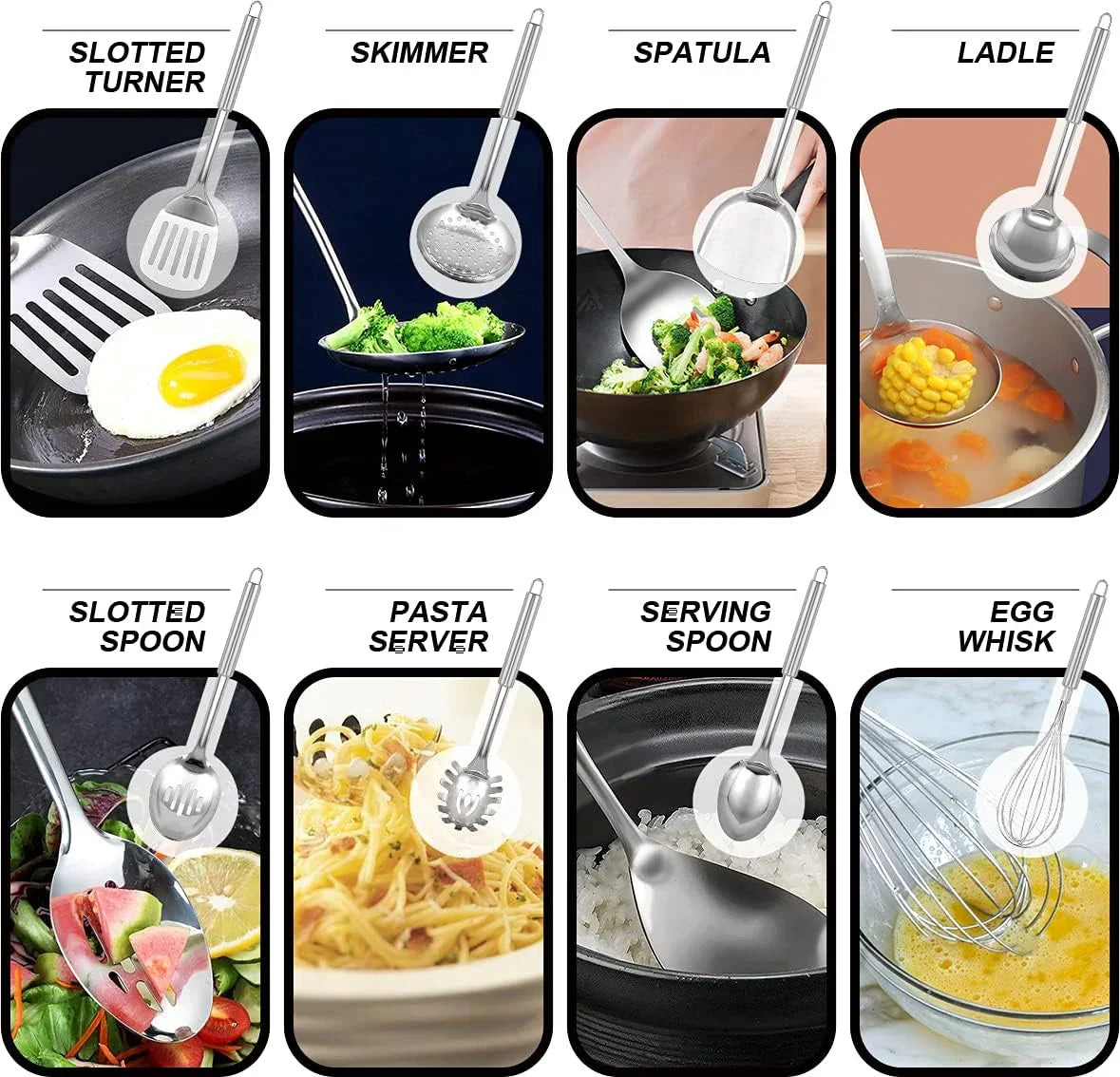 Stainless steel kitchen utensil set showing slotted turner, skimmer, spatula, ladle, slotted spoon, pasta server, serving spoon, and egg whisk in use