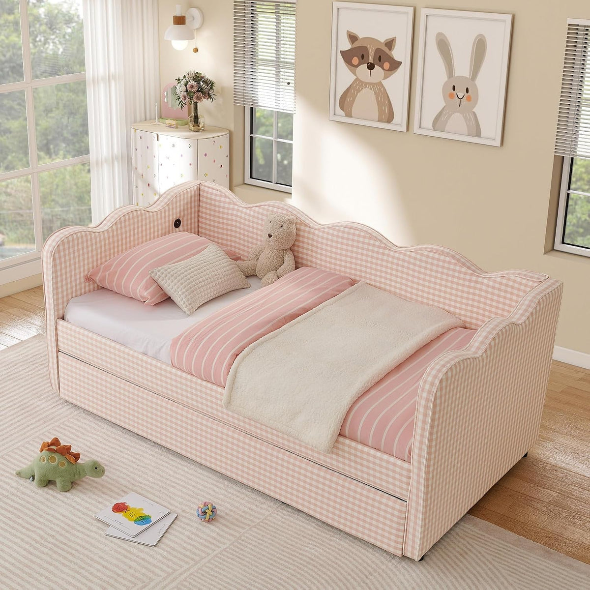 twin-size-daybed-with-pop-up-trundle-linen-gingham-twin-to-king-daybed-with-usb-ports-upholstered-day-bed-frame-modern-sofa-bed-for-living-room-bedroom-guest-room-no-box-spring-needed-pink