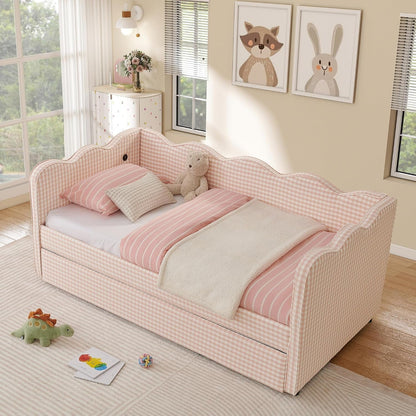 Twin Size Daybed with Pop up Trundle, Linen Gingham Twin to King Daybed with USB Ports, Upholstered Day Bed Frame, Modern Sofa Bed for Living Room/Bedroom/Guest Room, No Box Spring Needed, Pink8