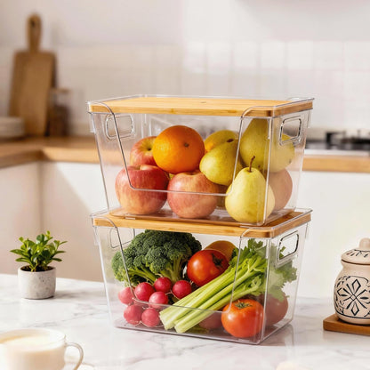 2 Set Pantry Organizers and Storage with Bamboo Lids, Stackable Clear Bins for Onion, Potato, Fruit, Vegetables, Trash Bag Dispenser, Kitchen and under Sink Organizer3