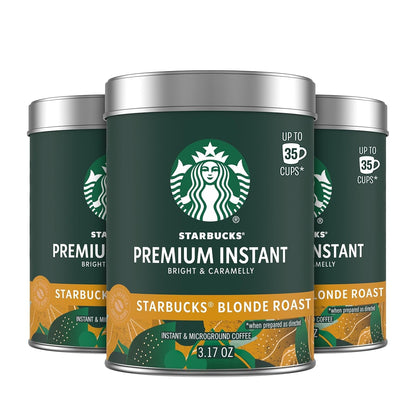 Starbucks Premium Instant Coffee Blonde Roast, 3 Tins 3.17 Oz | 100% Arabica Premium Instant and Microground Coffee; Blonde Roast; 3 Tins, 3.17 Oz Each1