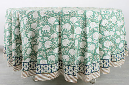 Turquoise Moss Green 100% Cotton Boho Square Fall Tablecloth, Handblock Floral Print Linen for Kitchen Dining I Parties, Outdoors, Weddings, Christmas, Thanksgiving Décor 132" Inches Round3