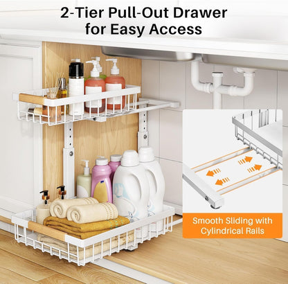 under Sink Organizer, Adjustable Height, 2 Tier Pull Out under Cabinet Organizer, Slide Out Thickened Metal under Sink Storage for Kitchen Bathroom Laundry Pantry Cabinet, White, Large-2-Pack3