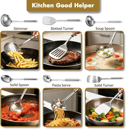 Stainless Steel Kitchen Utensils Set, 6 PCS Metal Cooking Utensils Set, Heat Resistant Cooking Spatula Spoon Set with Turners, Serving Spoon, Ladle, Skimmer, Pasta Server6