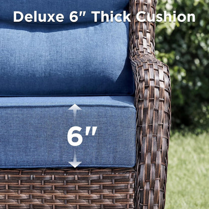 Luxury Patio Furniture Set with Fire Pit Table-4 Pieces High Back Wicker Swivel Rocker Chairs with 6" Extra Thick Cushions, Outdoor Patio Conversation Sets for Garden Deck(Brown/Blue)8