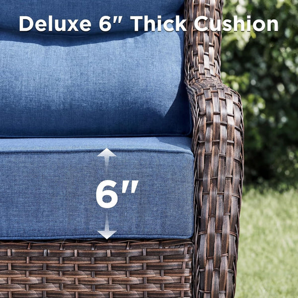 Luxury Patio Furniture Set with Fire Pit Table-4 Pieces High Back Wicker Swivel Rocker Chairs with 6" Extra Thick Cushions, Outdoor Patio Conversation Sets for Garden Deck(Brown/Blue)8