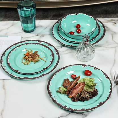 Rustic Melamine Dinnerware Set,12Pcs Plates and Bowls Sets-Green4
