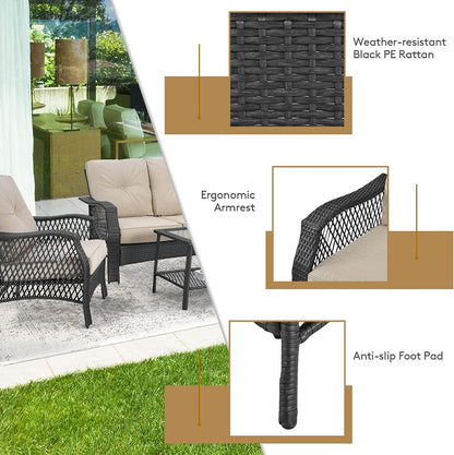 4 Pieces Outdoor Patio Furniture Set, Patiojoy PE Wicker Conversation Sofa Set with Tempered Glass Coffee Table, Sectional Rattan Patio Sofa Set for Garden, Backyard, Poolside (Beige)8