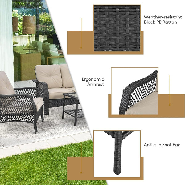 4 Pieces Outdoor Patio Furniture Set, Patiojoy PE Wicker Conversation Sofa Set with Tempered Glass Coffee Table, Sectional Rattan Patio Sofa Set for Garden, Backyard, Poolside (Beige)8