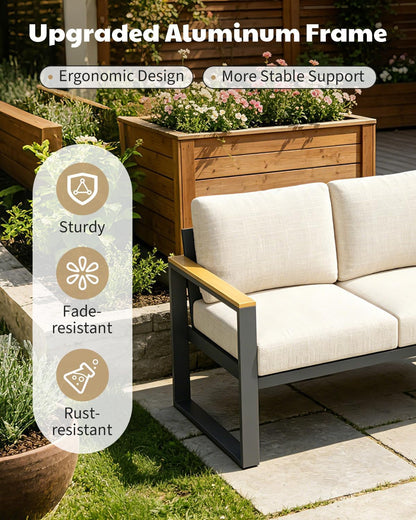 7 Seats Aluminum Outdoor Patio Conversation Sets with Coffee Table, 6 Pieces Metal Conversation Sectional Furniture Sofa for Balcony, Garden, Deck, Backyard,Beige3