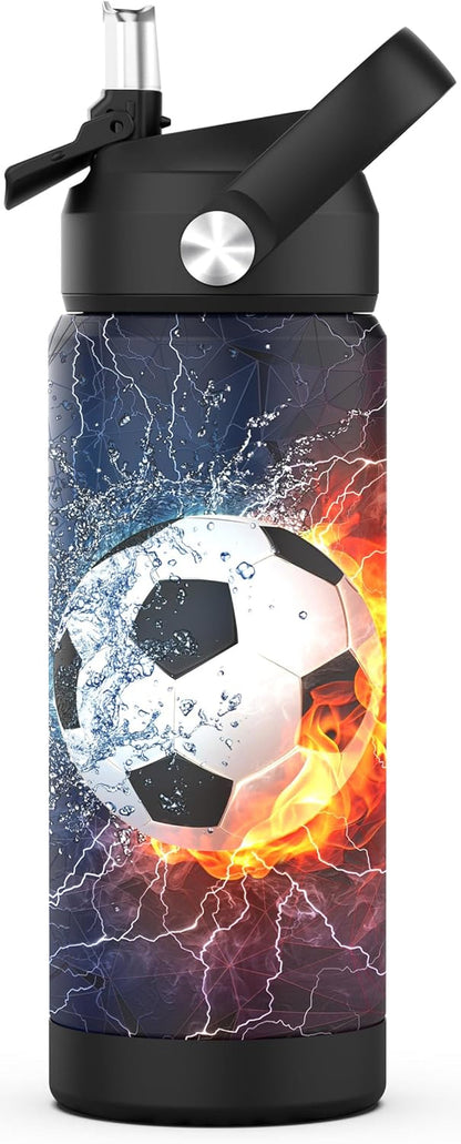 Boys Soccer Water Bottle for School，Kids 18 Oz Insulated Stainless Steel Cup with Straw, Double-Wall Vacuum Leakproof1