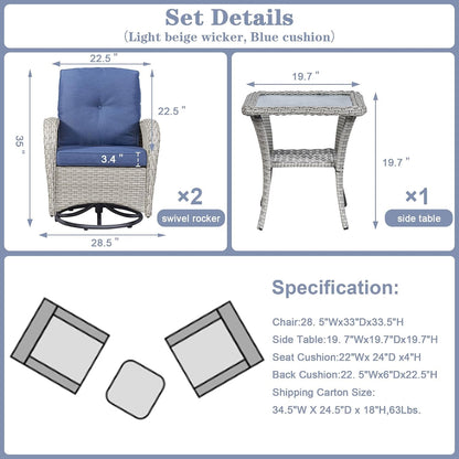 Patio Wicker Chairs Swivel Rocker - Outdoor Swivel Rocking Chairs Set of 2 with Rattan Side Table,3 Piece Patio Swivel Glider Chair Furniture Sets for Patio Porch Pool Light Beige/Blue2