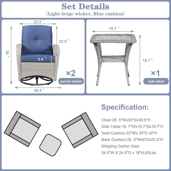 Patio Wicker Chairs Swivel Rocker - Outdoor Swivel Rocking Chairs Set of 2 with Rattan Side Table,3 Piece Patio Swivel Glider Chair Furniture Sets for Patio Porch Pool Light Beige/Blue2