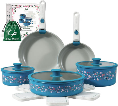 Ceramic Cookware Set Non Toxic with Detachable Handles, Healthy Nonstick Decal Pans and Pots Set 14 Pcs, Induction Dishwasher Oven Safe Kitchen Set, Turquoise with Bougainvillea1