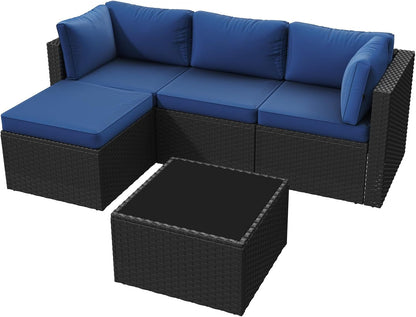 Patio Furniture Set 5-Piece, Outdoor Sectional Sofas with Washable Cushion, Wicker Rattan Patio Conversation Sets for Backyard Porch and Poolside, Navy9