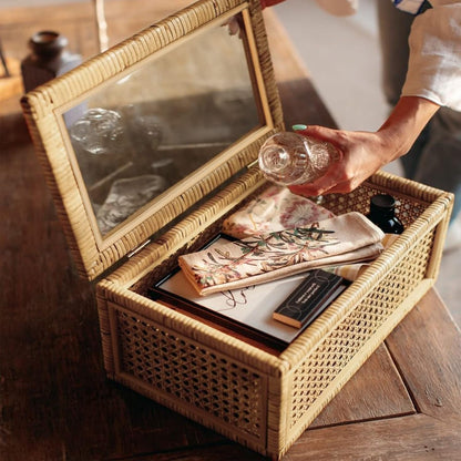 Large Handwoven Boho Rattan Display Boxes with Glass Lids Set of 2 | Rectangular Decorative Storage Bins Natural Woven Cane Home Decor Organizers (15.55" X 9.64" X 5.9" & 12.48" X 6.88" X 4.52")6