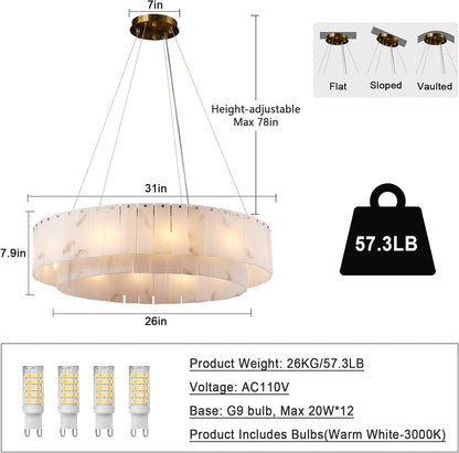 Alabaster round Chandelier, D31In Modern Dining Room Chandeliers, Marble Pendant Lights Kitchen Island, Drum Chandelier for Dining Room Light Fixture, Living Room, Bedroom Lights, Foyer, Kitchen2