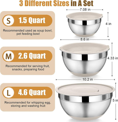 Mixing Bowl with Lid Set of 3, Stainless Steel Salad Bowls, Khaki2