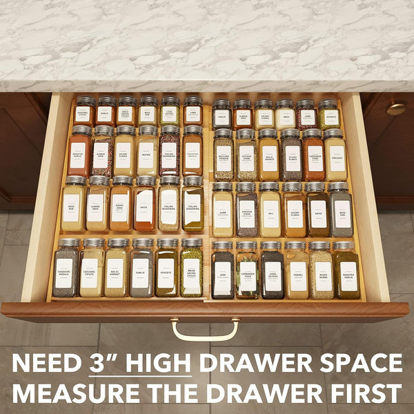Bamboo Spice Drawer Organizer, (Need 3" Deep Drawer) Expandable 4 Tier Spices Rack for Cabinet, Kitchen Seasoning Storage Insert (Jars Not Included, from 12" to 23" Wide)4