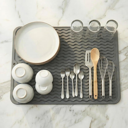 Silicone Dish Drying Mat, Grey, 16"×12" | Quick-Dry Ridges, Heat-Resistant Trivet to 450°F, Non-Slip & Dishwasher Safe, Roll-Up Storage, 18 Colors & 9 Sizes Available8