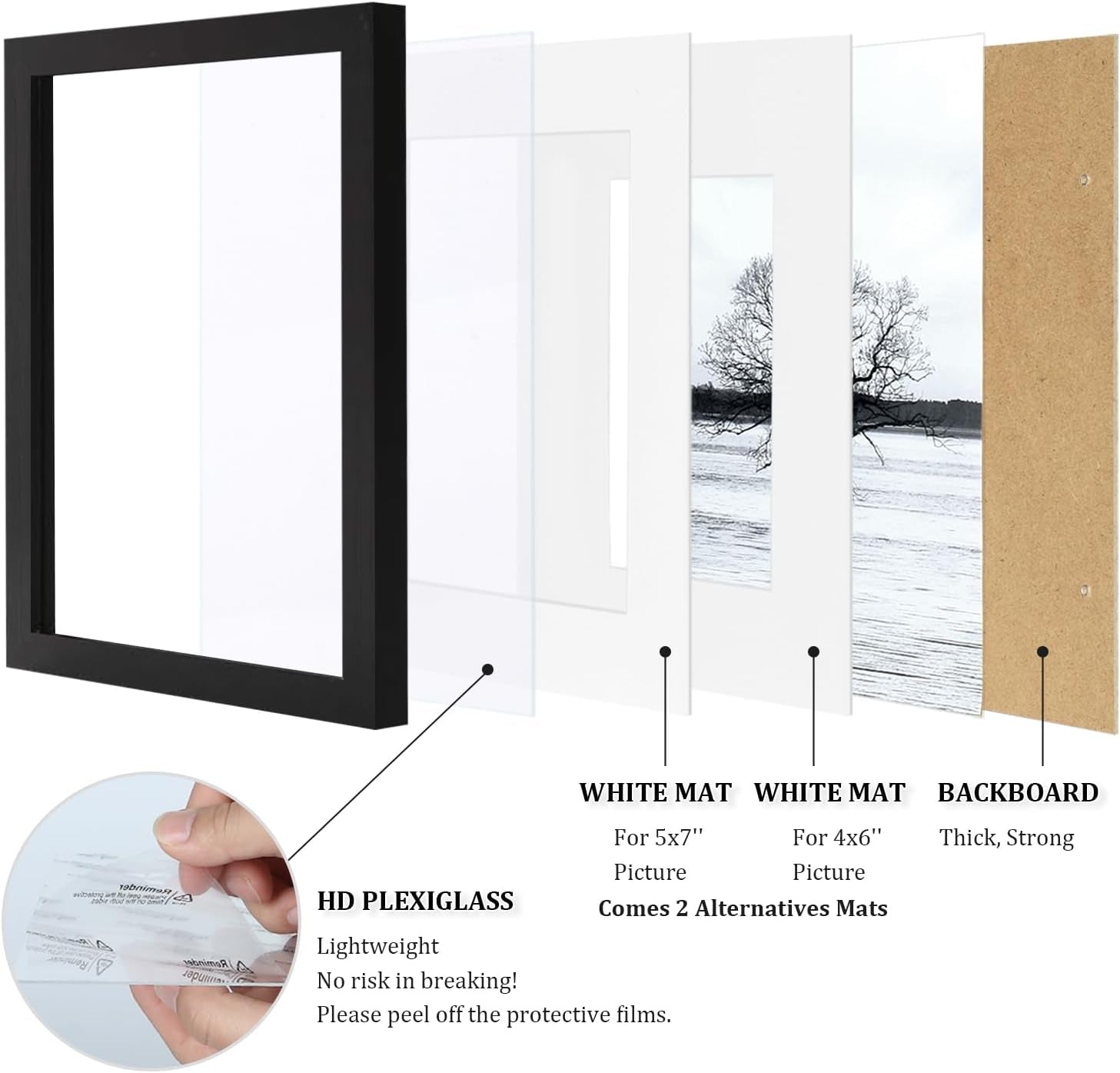 8x10-picture-frames-set-of-4-made-of-solid-wood-covered-by-plexiglass-4x6-and-5x7-with-mat-or-8x10-without-mat-for-table-top-display-and-wall-mounting-photo-frame-black