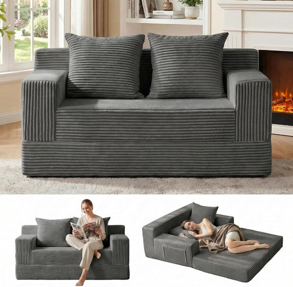 Convertible Sofa Bed, Loveseat Folding Floor Futon Sleeper Sofa Couch Bed- Boneless Foldable Couch, Corduroy Pull Out Sofa Bed with 2 Pillows for Living Room & Bedroom1