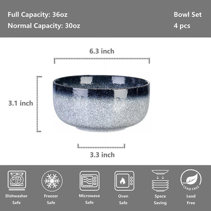 Cereal Bowls - 36 Ounce, Japanese Noodle Bowl Set, Ceramic Bowls for Kitchen, Breakfast, Oatmeal, Microwave and Dishwasher Safe, [Set of 4], Dark Blue2