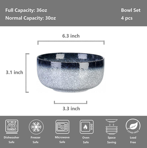 Cereal Bowls - 36 Ounce, Japanese Noodle Bowl Set, Ceramic Bowls for Kitchen, Breakfast, Oatmeal, Microwave and Dishwasher Safe, [Set of 4], Dark Blue2