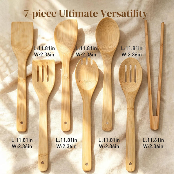 7-Piece Bamboo Kitchen Utensils Set, Wooden Spoons & Spatulas for Nonstick Cookware, Lightweight Heat-Resistant Cooking Tools with Comfortable Grip, Kitchen Gift Set2