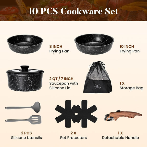 Removable Handle Induction Pots and Pans Set - 10 Piece Non-Stick Cookware Sets, Black Granite Stackable RV Cookware for Camp | Stackable Nonstick Cookware Set with Detachable Handle. Oven & Induction Safe, Space-Saving Design for Camping.9
