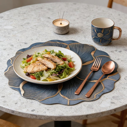 Set of 4 Cotton Linen Placemats, 15 in round Luxury Scalloped Flower Leaves Embroidered Cloth Wrinkle Free Floral Table Mats for Dining Dinner Holiday Decoration Tabletop Home Kitchen Blue5