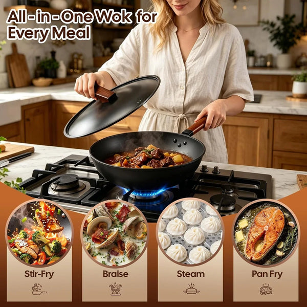 13'' Carbon Steel Wok, 12 Piece Wok Pan & Stir-Fry Pans Set with Lid | No Chemical Coated Flat Bottom Chinese Wok Pan6