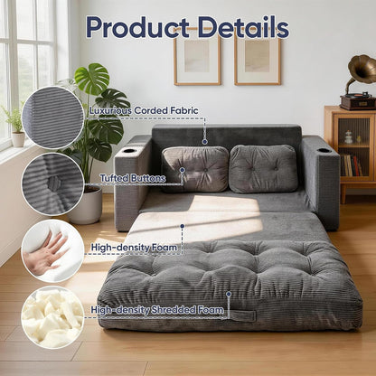 63'' Loveseat Sleeper Sofa Bed, Boneless Convertible Corduroy Pull Out Couch with Cup Holders and 2 Pillows, Space Saving Sofa Bed for Small Spaces, Living Room, Bedroom (Grey)5