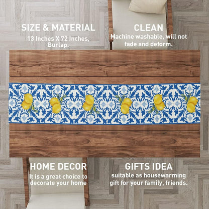 Italy Blue Tiles Runner Decorative, Italian Lemons Summer Table Runner Decorations for Dining Room Kitchen Dresser Decor for Party Holiday, Housewarming Gifts for Women Couple New Home, 13X72 Inches2