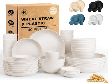 Dinnerware Sets for 8, Wheat Straw Plate and Bowl Set, Unbreakable Kitchen Set 40 Piece, Microwave and Dishwahser Safe Plates and Bowls Sets for Apartment, Kitchen, Camping, Dorm - White1