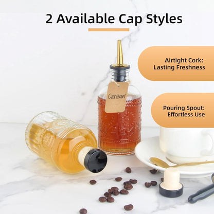 Simple Syrup Bottles Set of 2, Glass Coffee Syrup Dispenser Bottles 7 OZ with Metal Pour Spout, Labels and Stopper, Glass Syrup Dispenser for Maple Honey Syrup Oil and Sauces, LC0024