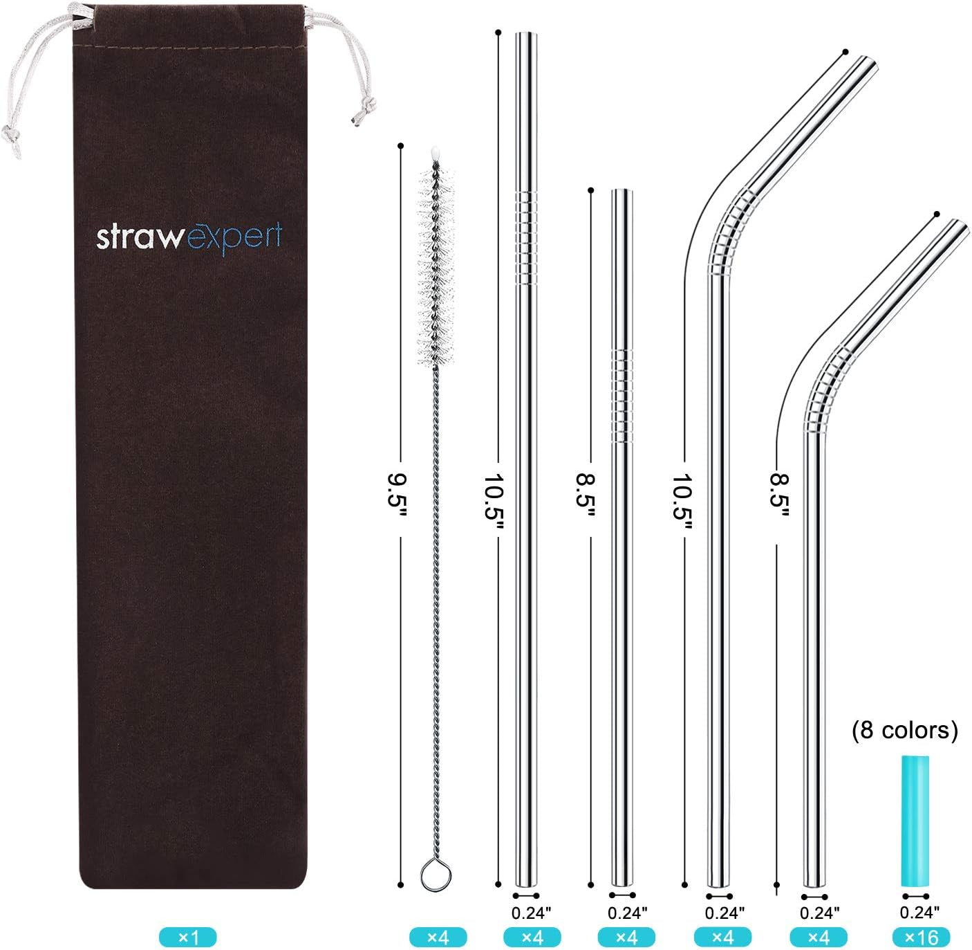 set-of-16-reusable-stainless-steel-straws-with-travel-case-cleaning-brush-silicone-tips-eco-friendly-extra-long-metal-straws-drinking-for-20-24-30-oz-tumbler-silver