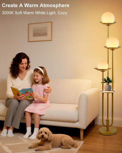 63IN Globe Floor Lamp with Shelf 3-Lights Modern Dimmable Floor Lamps with 3000K Soft Warm White Bulbs for Wedding/Party, Gold Tall Standing Lamp with 5Lbs Heavy Base for Living Room/Bedroom6