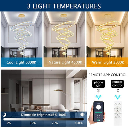 Large Ring Chandelier Modern Crystal Chandeliers for High Ceiling round LED Dimmable Ceiling Light Fixture for Foyer Long Stair Gold 8''+16''+24''+32''+40''+47''3