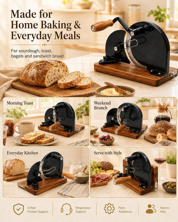 Foldable Manual Bread Slicer, Adjustable Slice, Hand-Cranked Bread Slicer with Ergonomic Handle, Hand Crank Cutter, Durable Aluminum Alloy Body and Sturdy Solid Wood Base-Black7