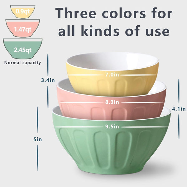 Ceramic Mixing Bowls Set of 3, Large Nesting Bowls for Serving/Baking/Prepping, Housewarming & Wedding Gift, Oven, Microwave and Dishwasher Safe 3.2/1.7/1.2 Qt, Pastel Color2