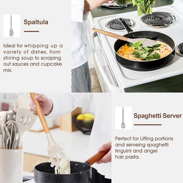 Cooking Utensils Set of 6, Silicone Kitchen Utensils with Wooden Handle, Non-Stick Cookware Friendly & Heat Resistant, Includes Spatula/Ladle/Slotted Turner/Serving Spoon/Spaghetti Server(Khaki)6