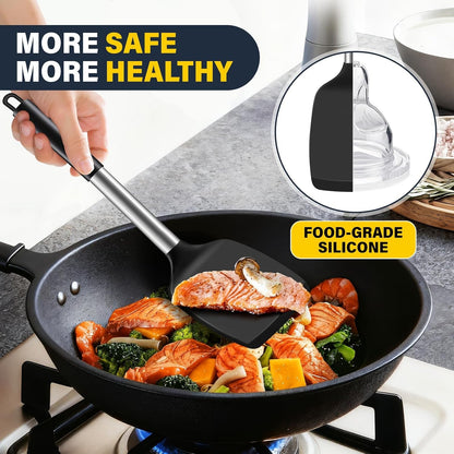 2 Pack Silicone Spatula Set, Solid & Slotted Turner for Non-Stick Pans, High Heat Resistant Silicone Spatula for Cooking, Bpa-Free Stainless Steel Cooking Utensils for Fish, Eggs, Pancakes, Black3